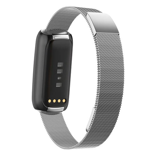 Milanese Loop Strap, silver, on a watch, 3/4 rear view