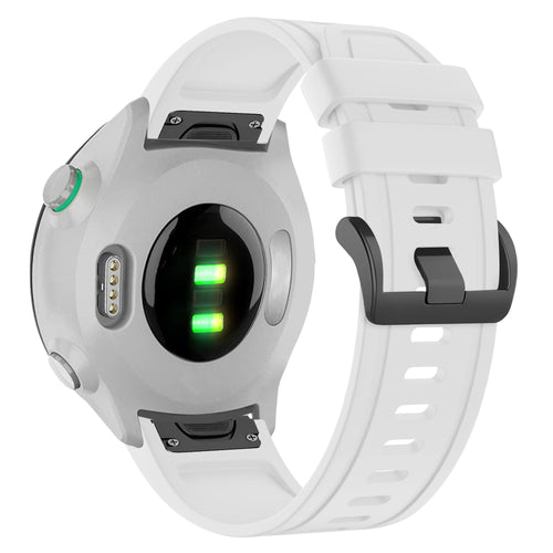 Buckled Silicone Strap, white, on a watch, 3/4 rear view