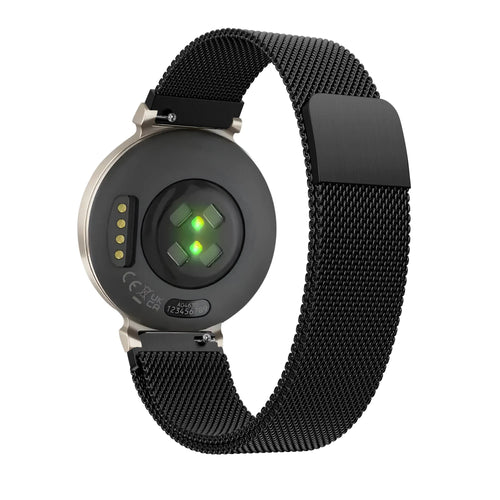Milanese Loop Strap, black, on a watch, 3/4 rear view