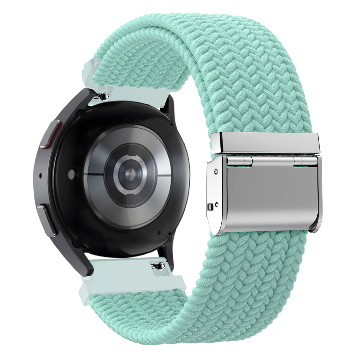 Woven Nylon Strap, turquoise, on a watch, 3/4 rear view