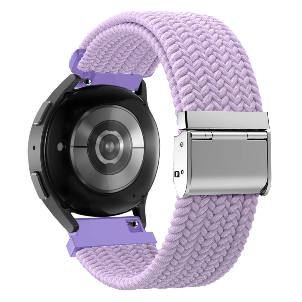 Woven Nylon Strap, light purple, on a watch, 3/4 rear view