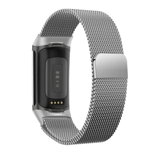 Milanese Loop Strap, silver, on a watch, 3/4 rear view