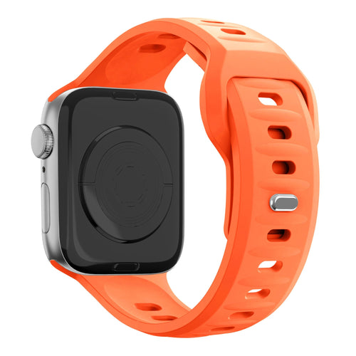 Silicone Strap 'Outdoor', orange, on a watch, 3/4 rear view