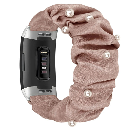 Nylon Scrunchie Strap, beige with pearls, on a watch, 3/4 rear view