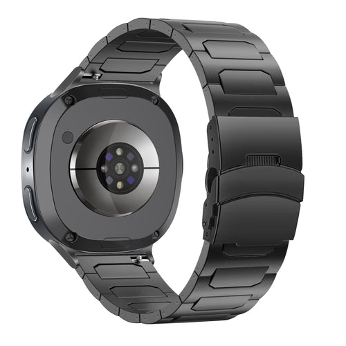 Titanium Strap 'Deluxe', black, on a watch, 3/4 rear view