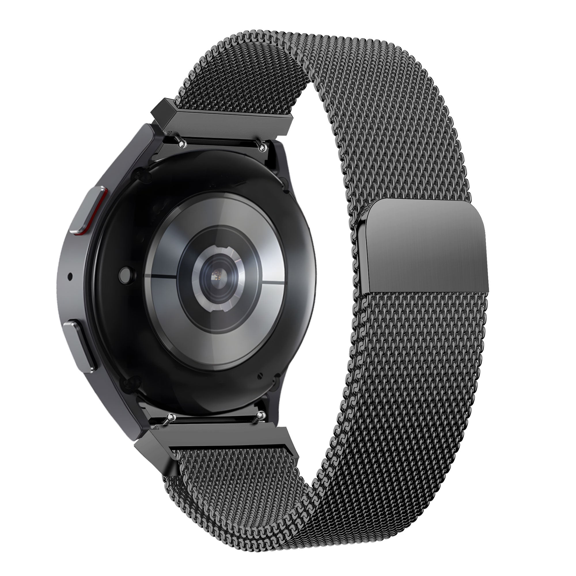 Milanese Loop Strap, black, on a watch, 3/4 rear view