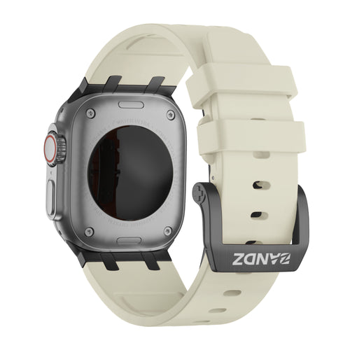 Silicone Strap 'Luxe Liquid', beige with black, on a watch, 3/4 rear view