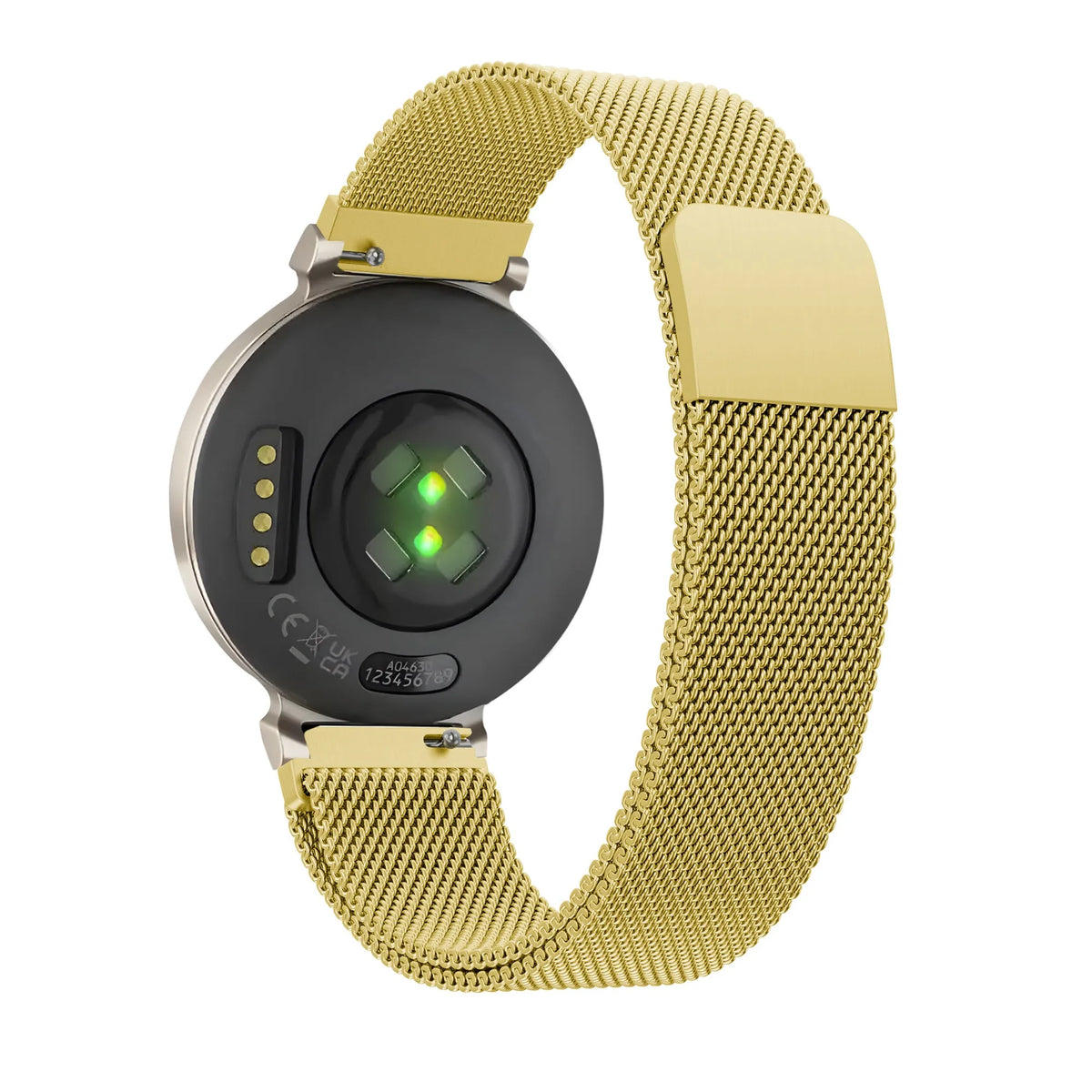 Milanese Loop Strap, gold, on a watch, 3/4 rear view