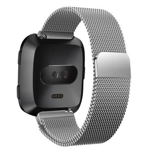 Milanese Loop Strap, silver, on a watch, 3/4 rear view