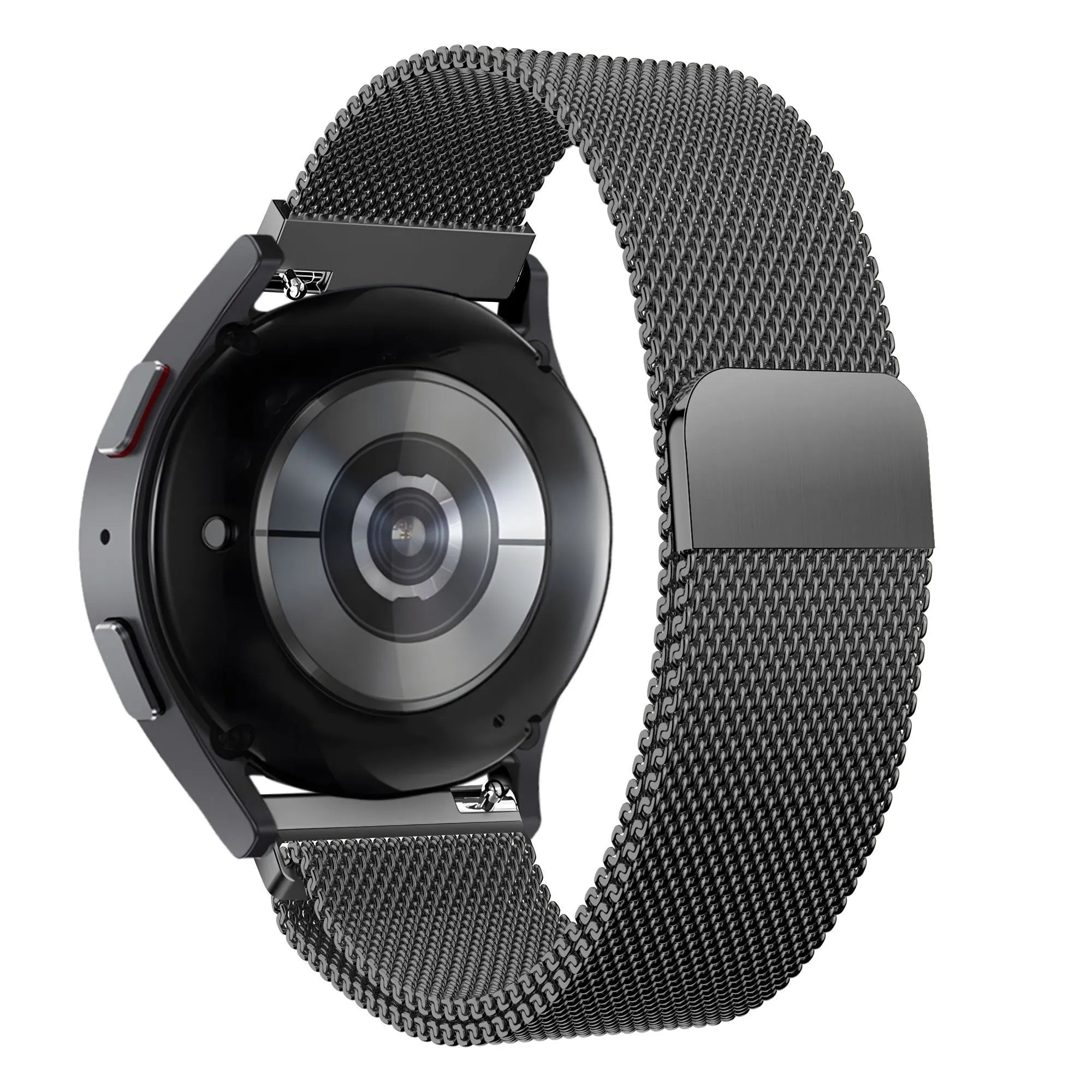 Milanese Loop Strap, black, on a watch, 3/4 rear view