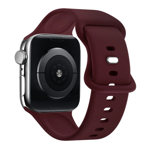 Silicone Strap, burgundy, on a watch, 3/4 rear view