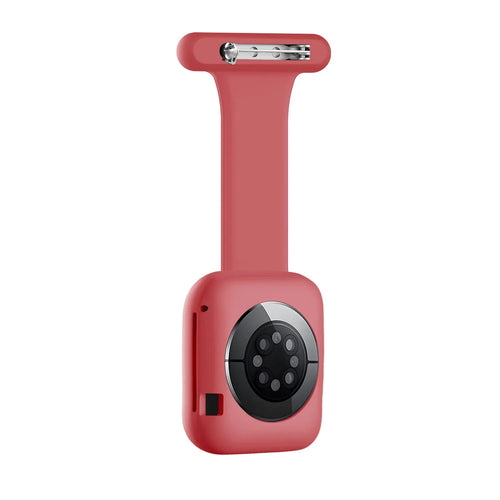 Silicone Nurse Fob, red, on a watch, 3/4 rear view