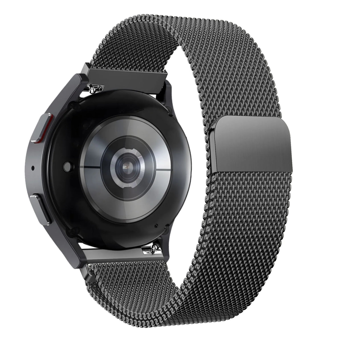 Milanese Loop Strap, black, on a watch, 3/4 rear view