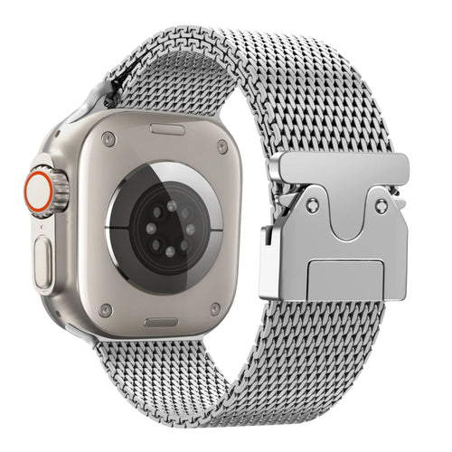 Milanese Loop Strap P-Buckle, silver, on a watch, 3/4 rear view