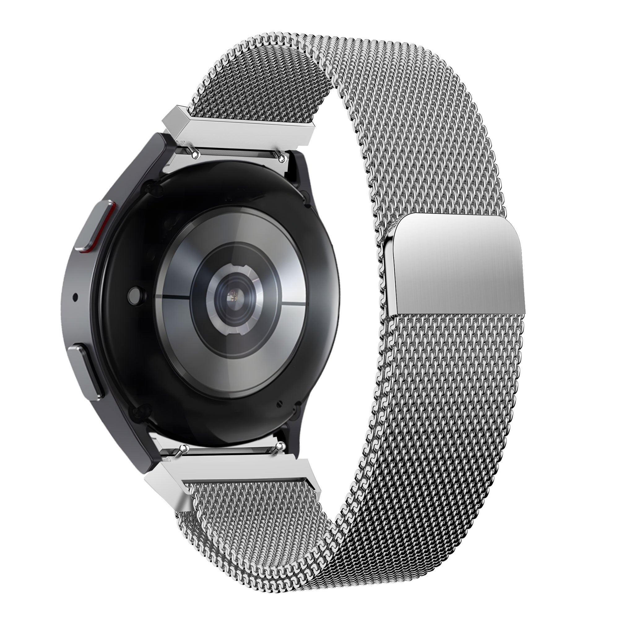 Milanese Loop Strap, silver, on a watch, 3/4 rear view