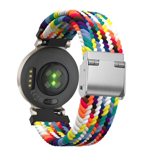 Woven Nylon Strap, rainbow, on a watch, 3/4 rear view