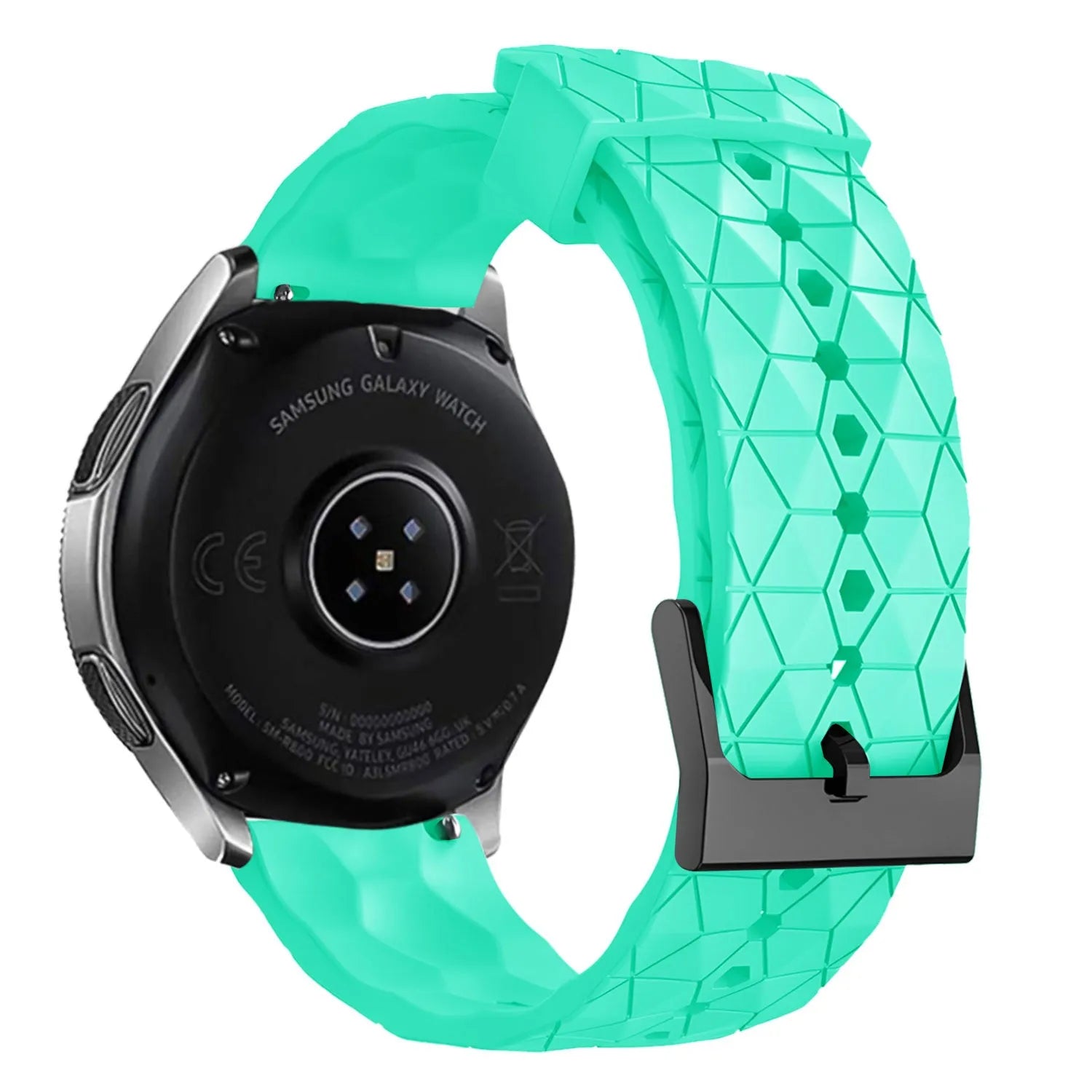 Silicone Strap Hexagons, aqua, on a watch, 3/4 rear view