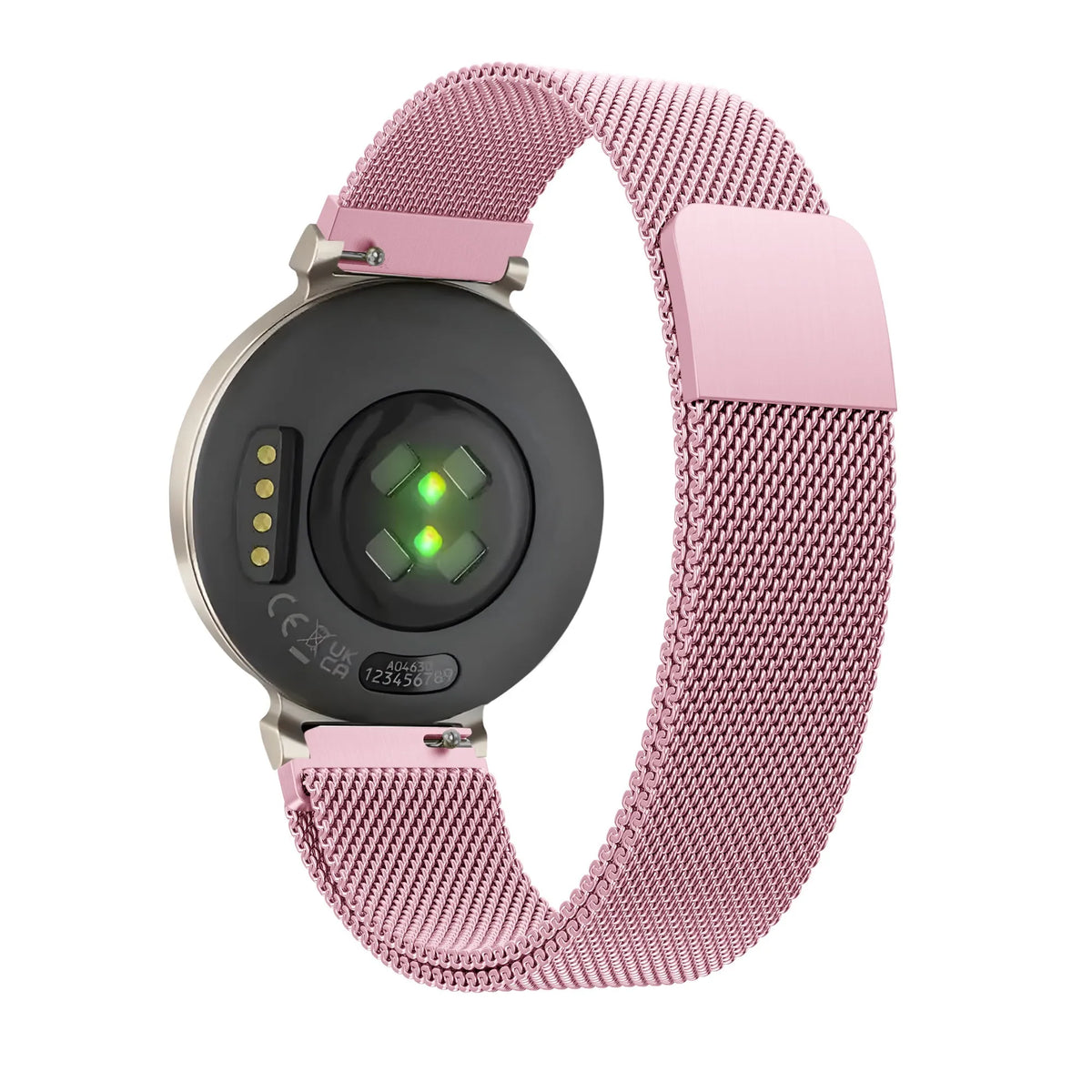 Milanese Loop Strap, pink, on a watch, 3/4 rear view
