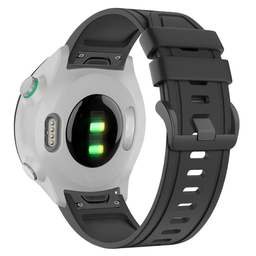 Buckled Silicone Strap, black, on a watch, 3/4 rear view