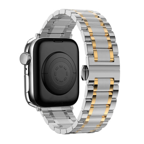 Steel Link Strap 'Deluxe', silver/gold, on a watch, 3/4 rear view