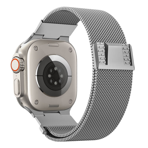 Milanese Strap 'Mecha', silver, on a watch, 3/4 rear view