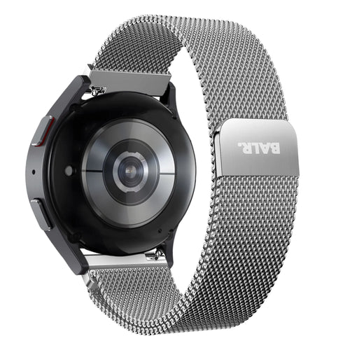 Milanese Strap, silver, on a watch, 3/4 rear view