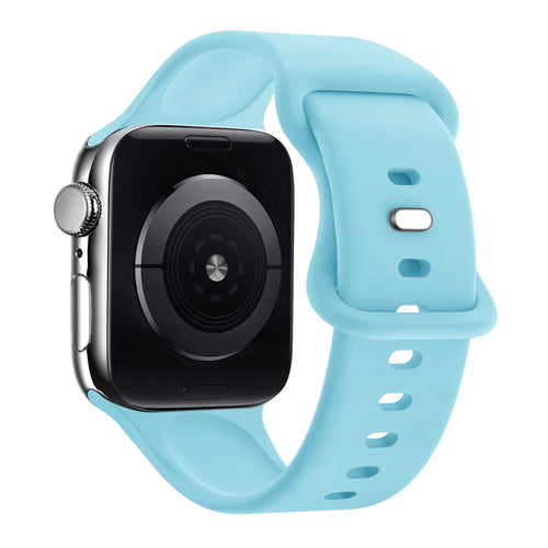 Silicone Strap, light blue, on a watch, 3/4 rear view