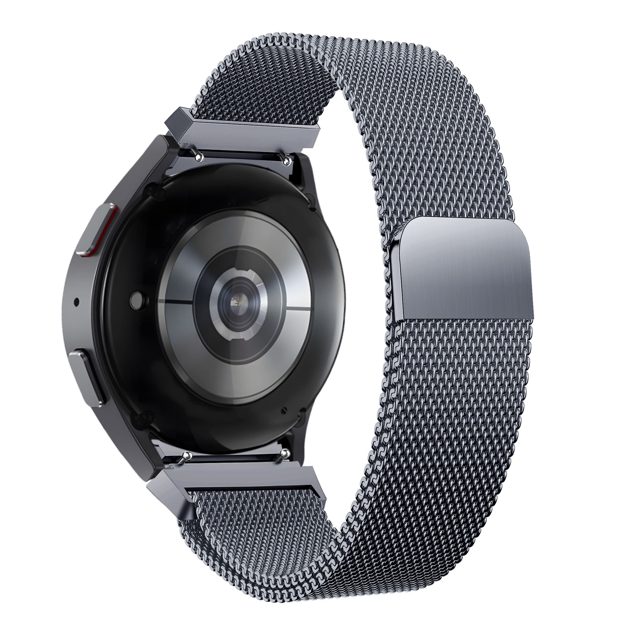 Milanese Loop Strap, grey, on a watch, 3/4 rear view