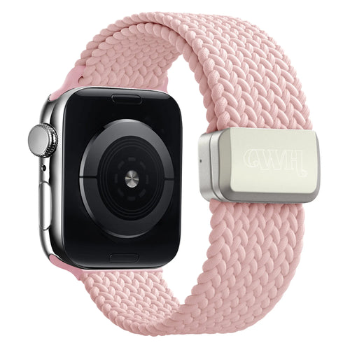 Braided Nylon Strap, pink, on a watch, 3/4 rear view