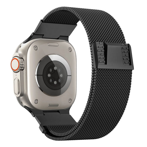 Milanese Strap 'Mecha', black, on a watch, 3/4 rear view