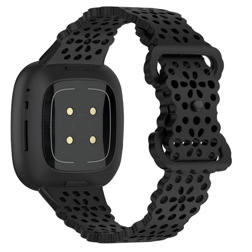 Patterned Silicone Strap, black, on a watch, 3/4 rear view