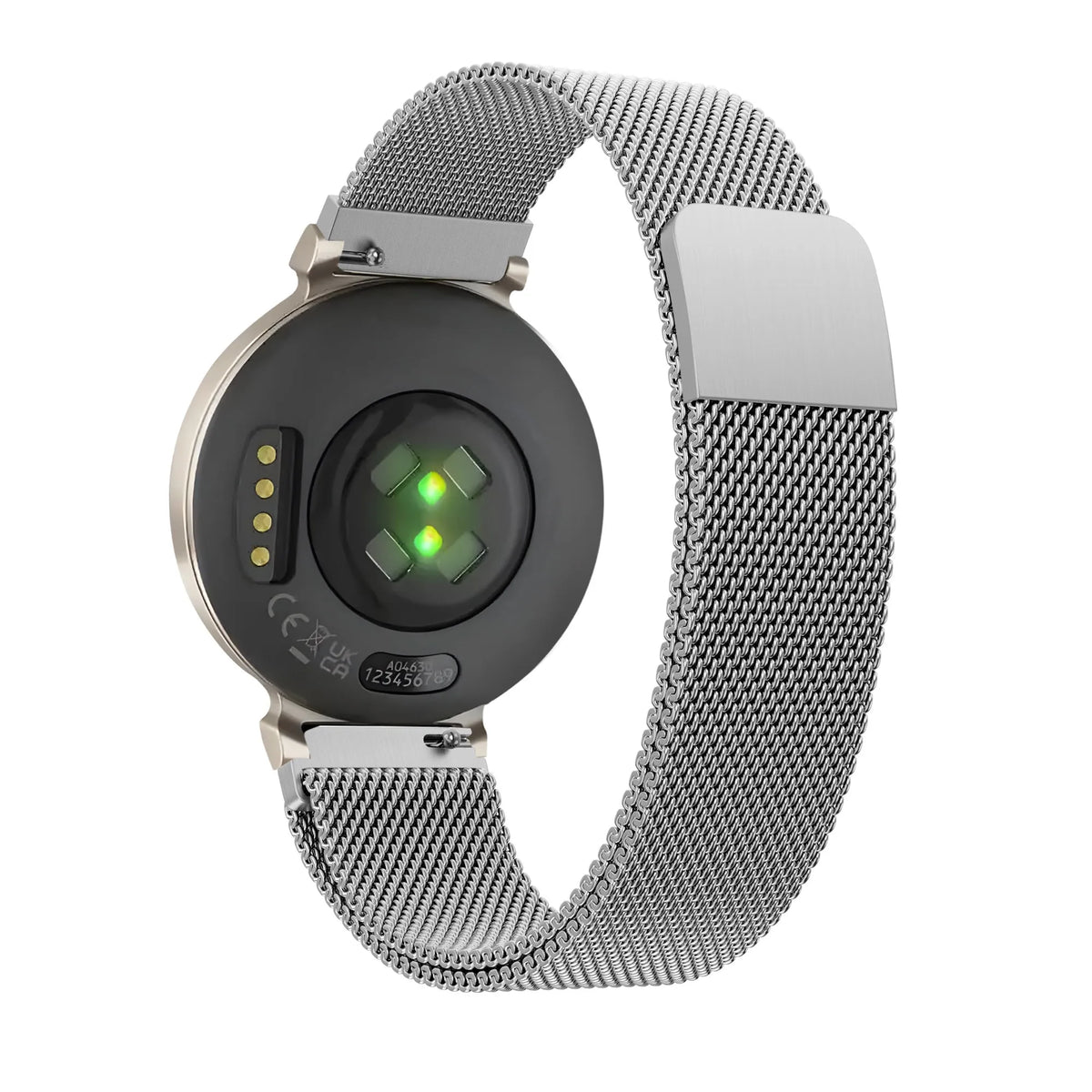 Milanese Loop Strap, silver, on a watch, 3/4 rear view