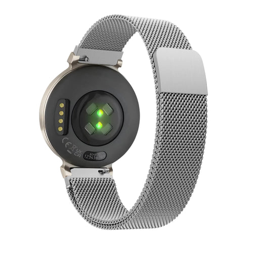 Milanese Loop Strap, silver, on a watch, 3/4 rear view