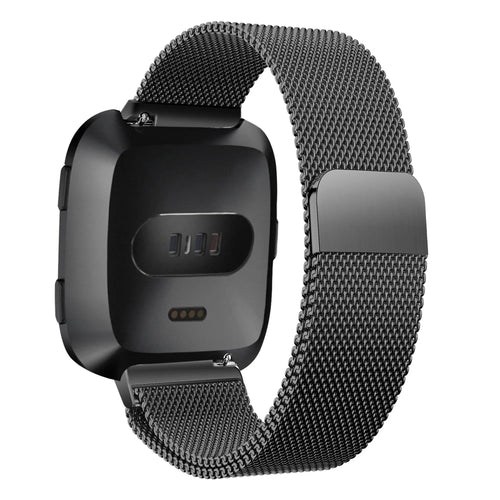 Milanese Loop Strap, black, on a watch, 3/4 rear view