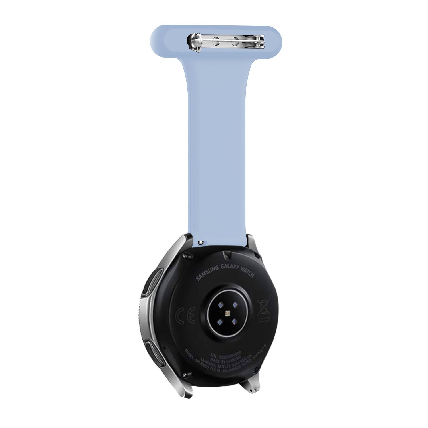 Silicone Nurse Fob, light blue, on a watch, 3/4 rear view