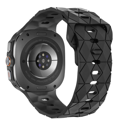 Silicone Strap Hexagons, black, on a watch, 3/4 rear view