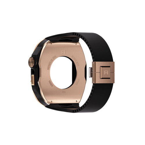 Silicone Case with Rubber Strap, rose gold/black, on a watch, 3/4 rear view