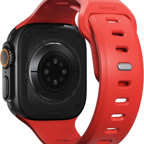 Silicone Strap 'Tempo', coral, on a watch, 3/4 rear view