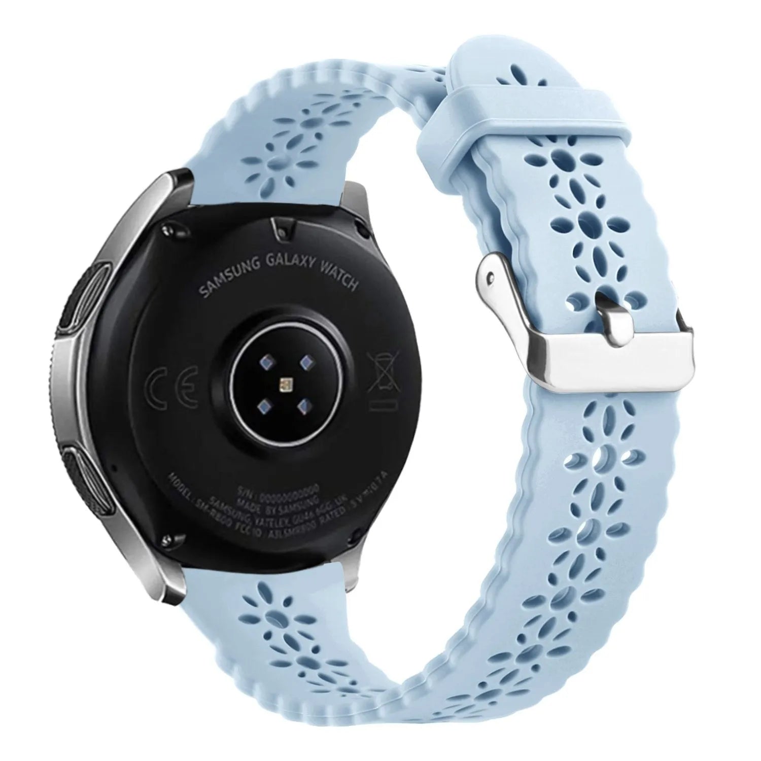 Patterned Silicone Strap, mist blue, on a watch, 3/4 rear view