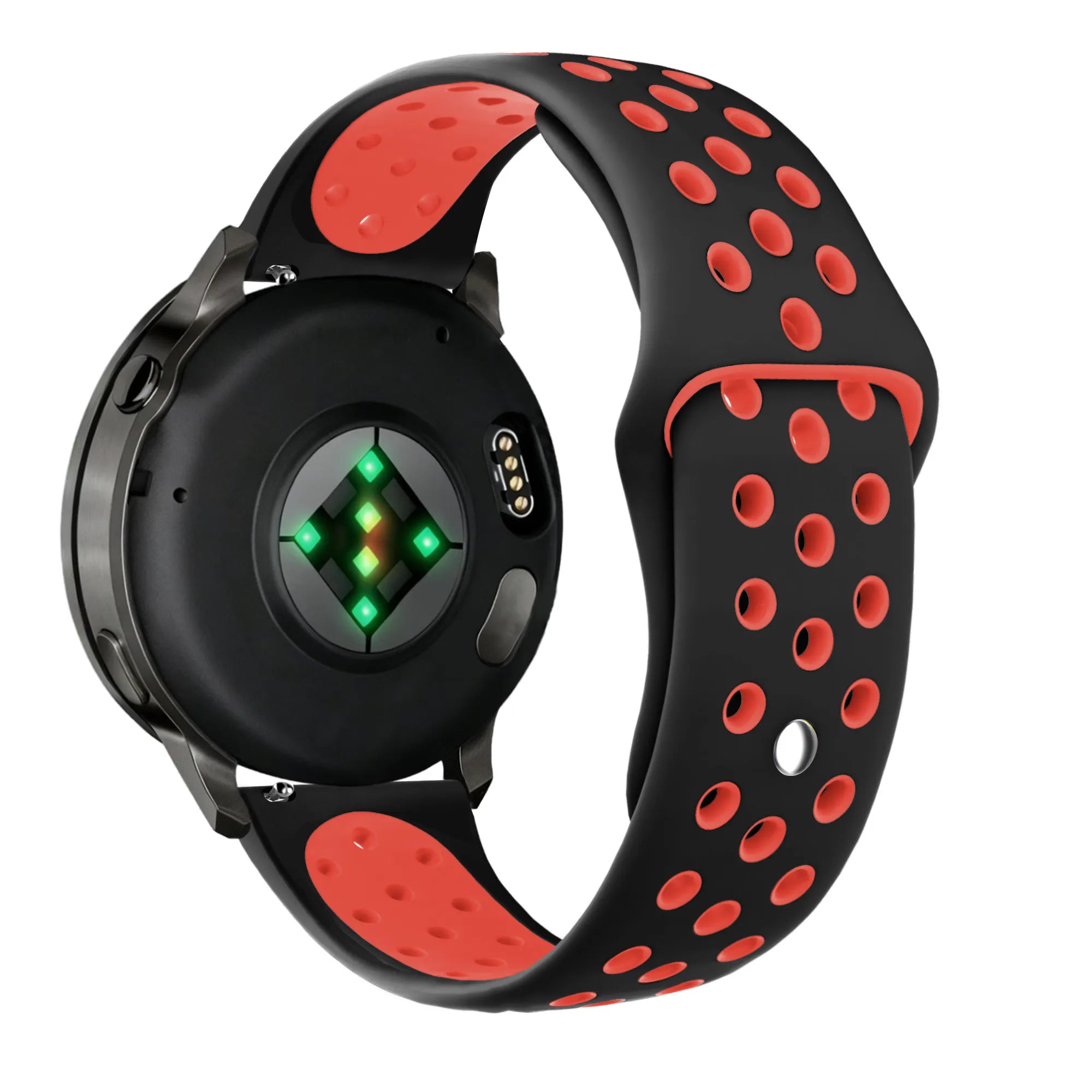 Silicone Sport Strap 'Deluxe', black/red, on a watch, 3/4 rear view