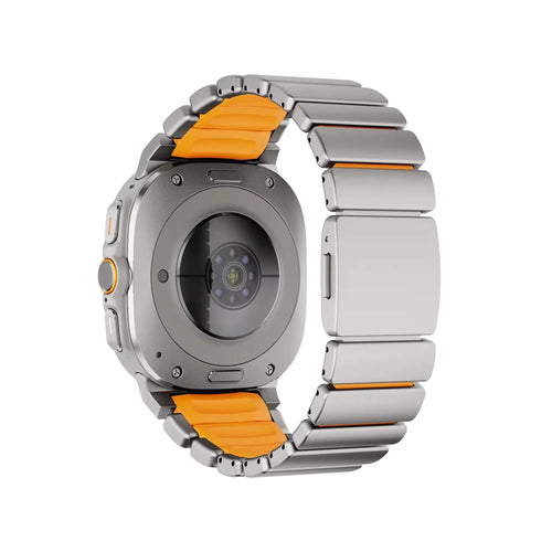 Titanium Strap 'Hybrid', titanium/orange, on a watch, 3/4 rear view