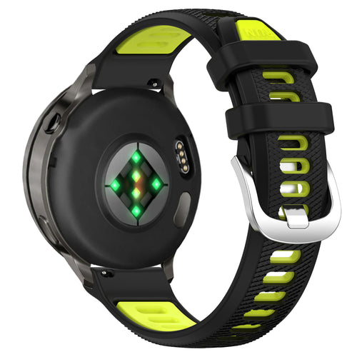 Silicone Buckled dual sport strap, black/yellow, on a watch, 3/4 rear view