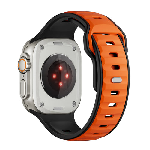 Silicone Premium Outdoor Strap, orange/black, on a watch, 3/4 rear view