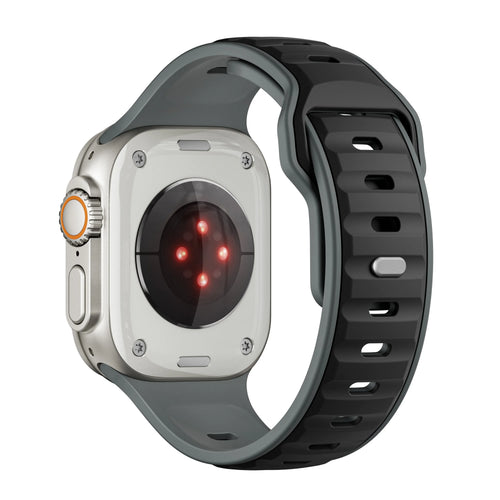 Silicone Premium Outdoor Strap, black/grey, on a watch, 3/4 rear view