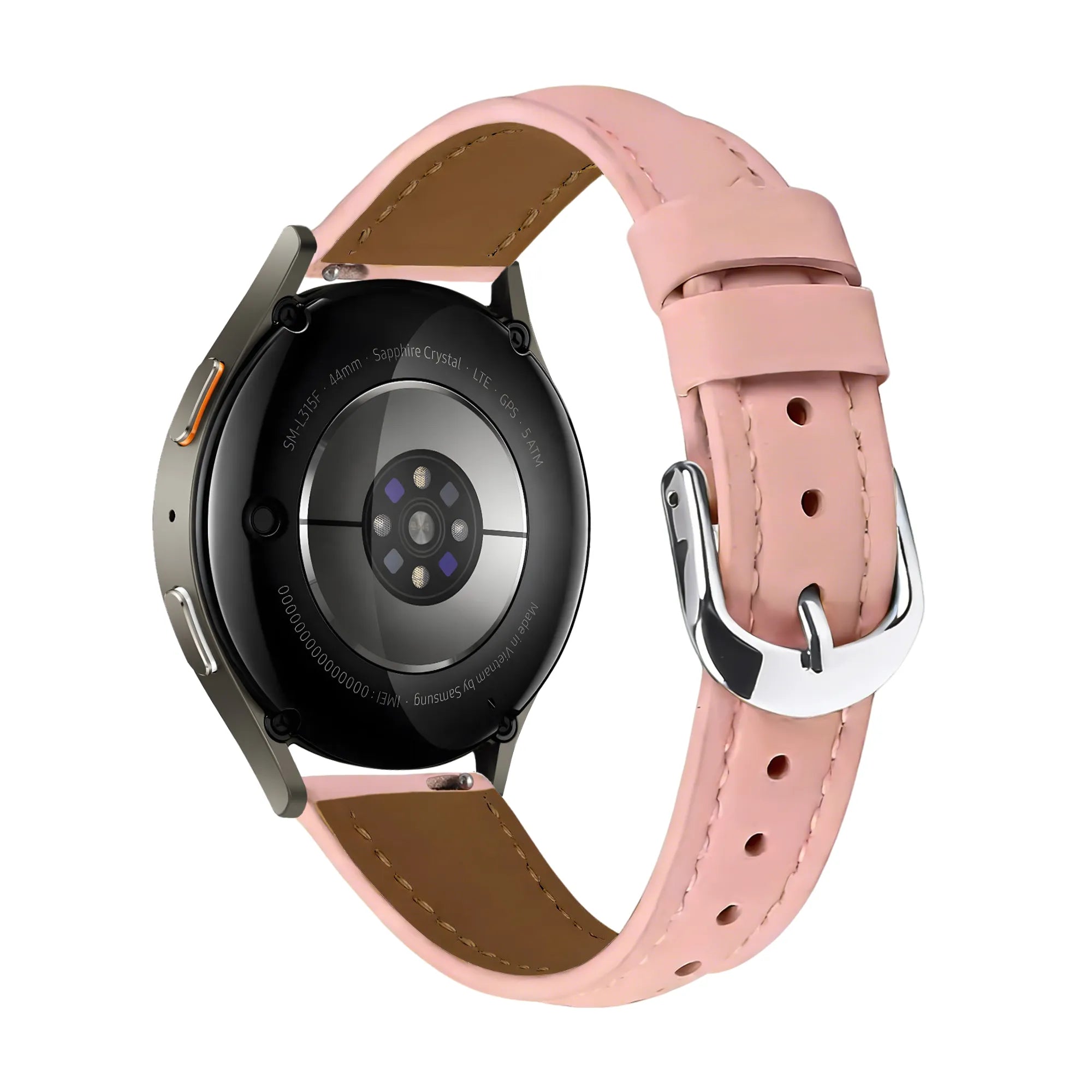 Slimfit Leather Strap, pink, on a watch, 3/4 rear view