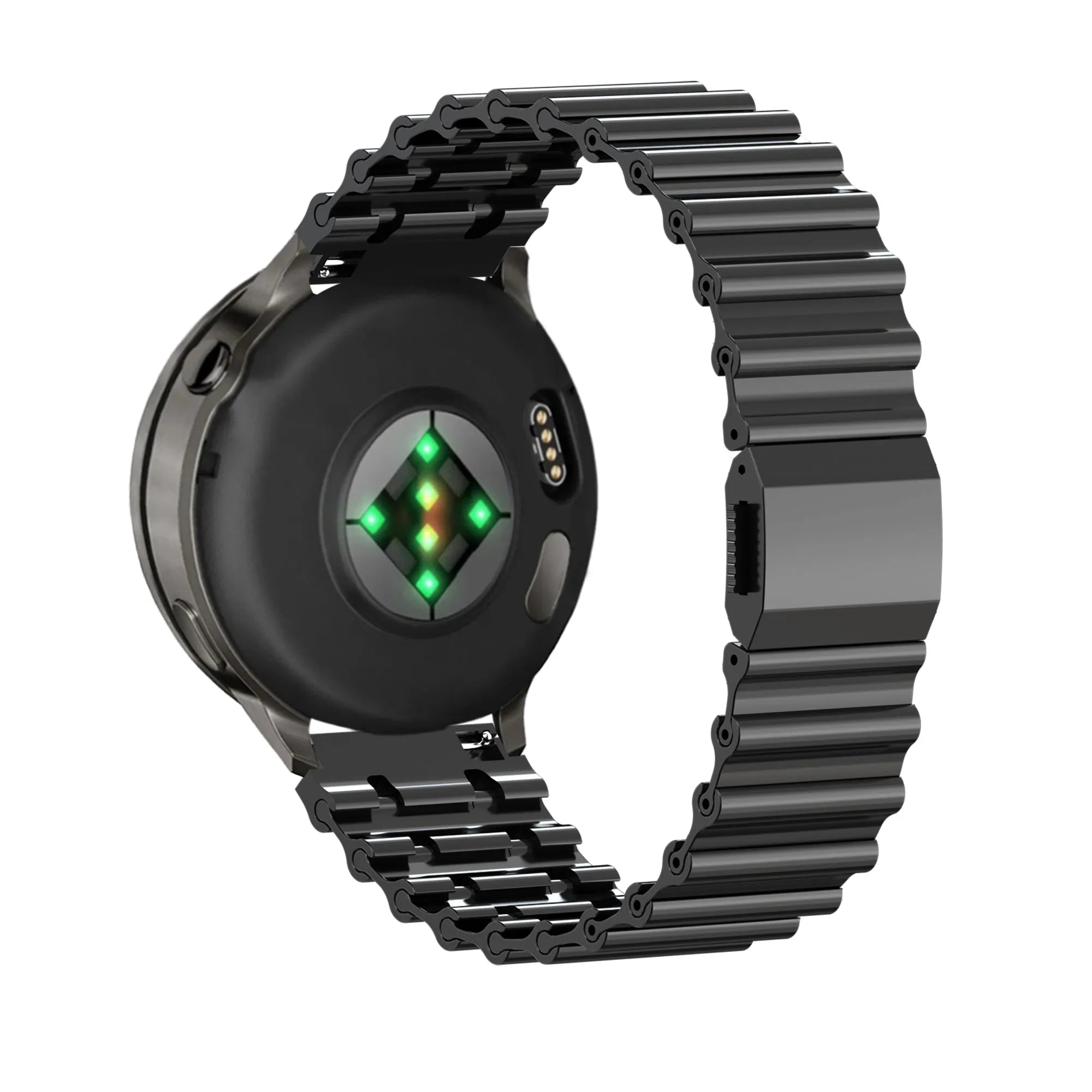 Premium Steel Strap 'Ocean', black, on a watch, 3/4 rear view