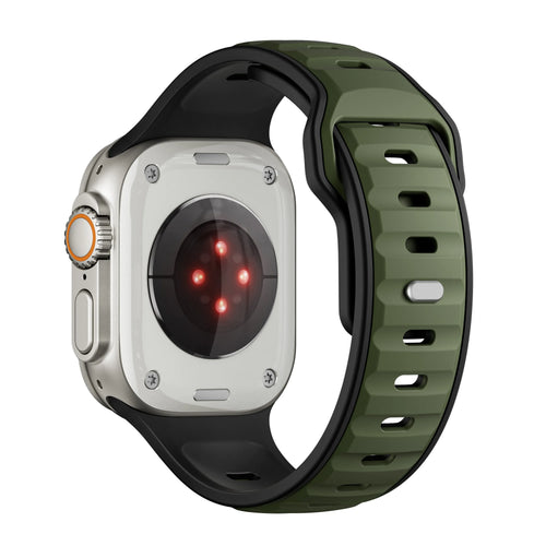 Silicone Premium Outdoor Strap, army green/black, on a watch, 3/4 rear view