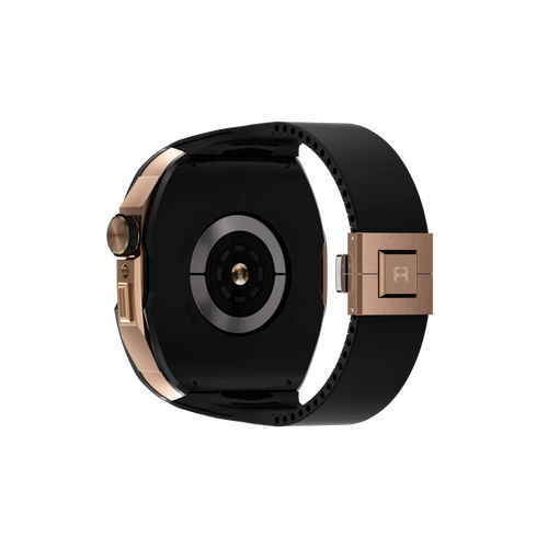 Silicone Case with Rubber Strap, black/rose gold, on a watch, 3/4 rear view