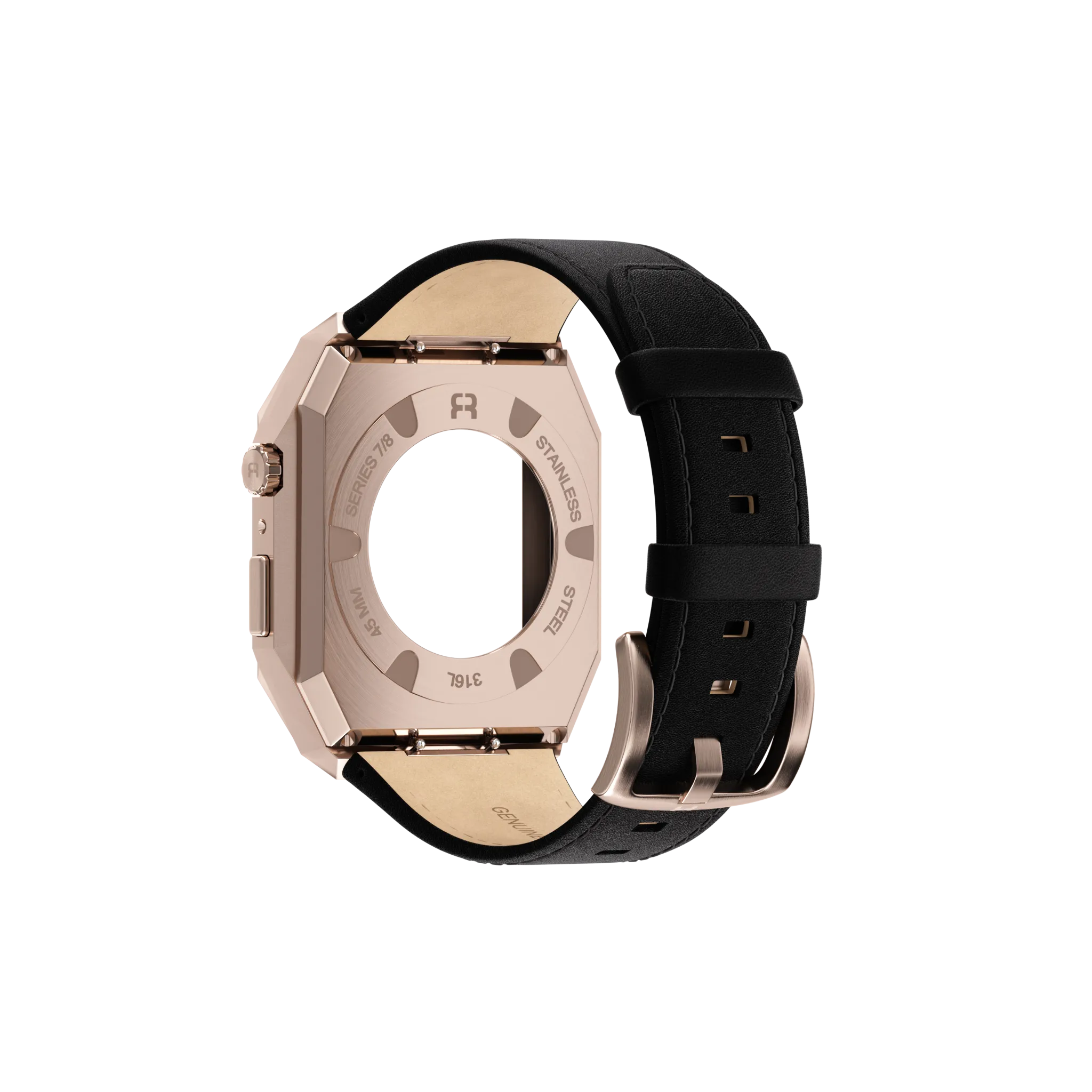 Reqior Apple Watch 45mm Metal Case with Leather Strap (Rose Gold/Black)