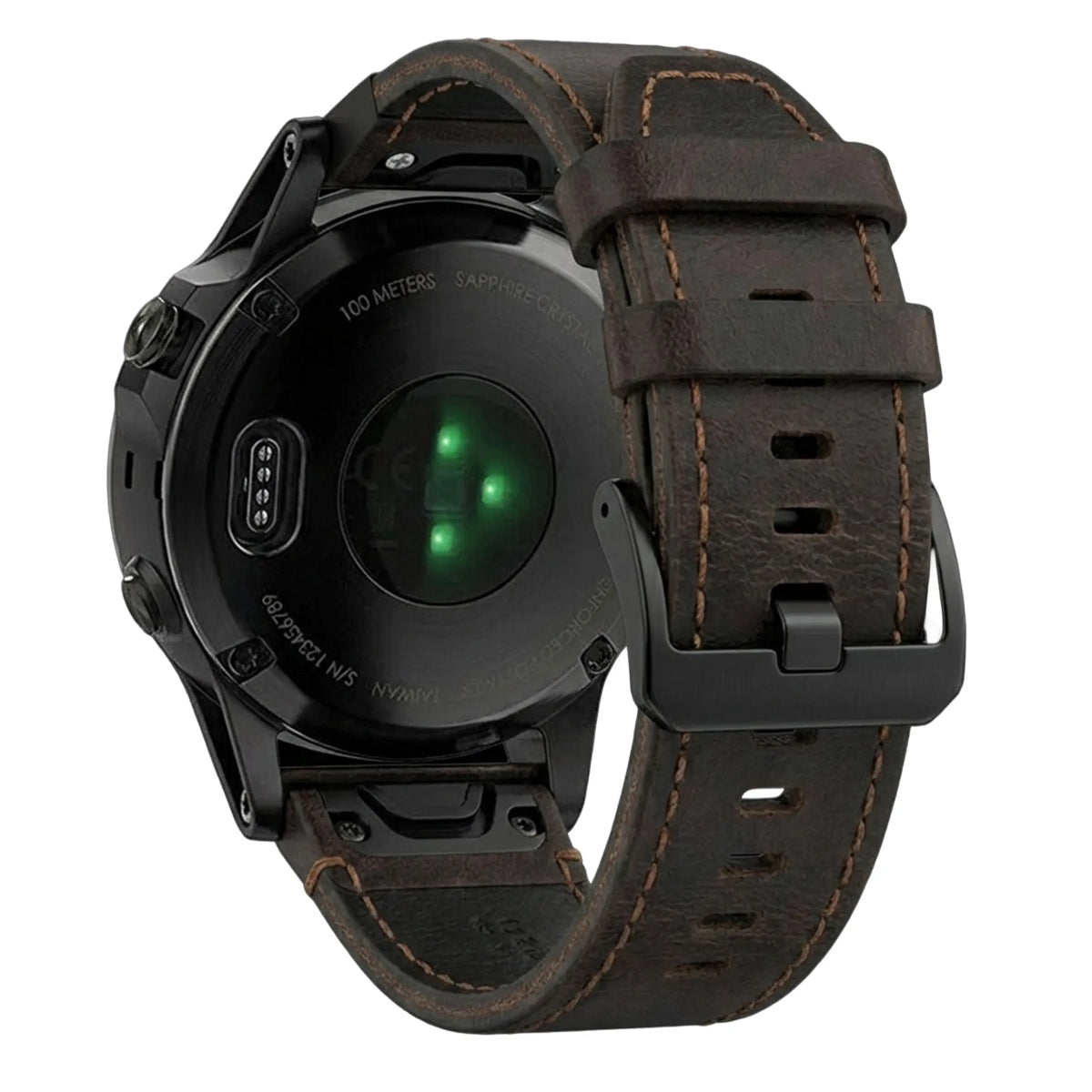 Leather Strap, dark brown, on a watch, 3/4 rear view